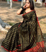 Black Cotton Sharee with Golden stripe-op-976